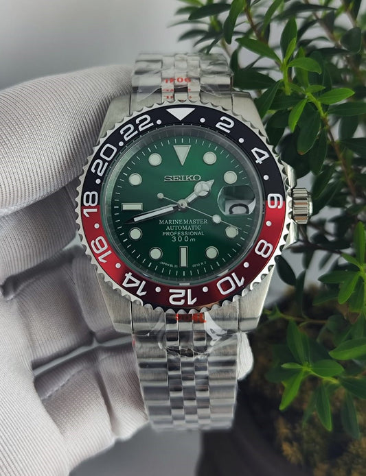 Seiko Mod Marine Master NH35 Grün Rot/Schwarze Lünette