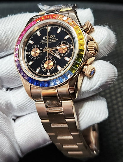 Seiko Mod Daytona Rose Gold Rainbow Diamond VK63